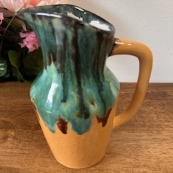 Vintage Drip Glaze Pottery Pitcher Green Brown and Mustard Yellow Art Pottery Ju - Picture 8 of 8